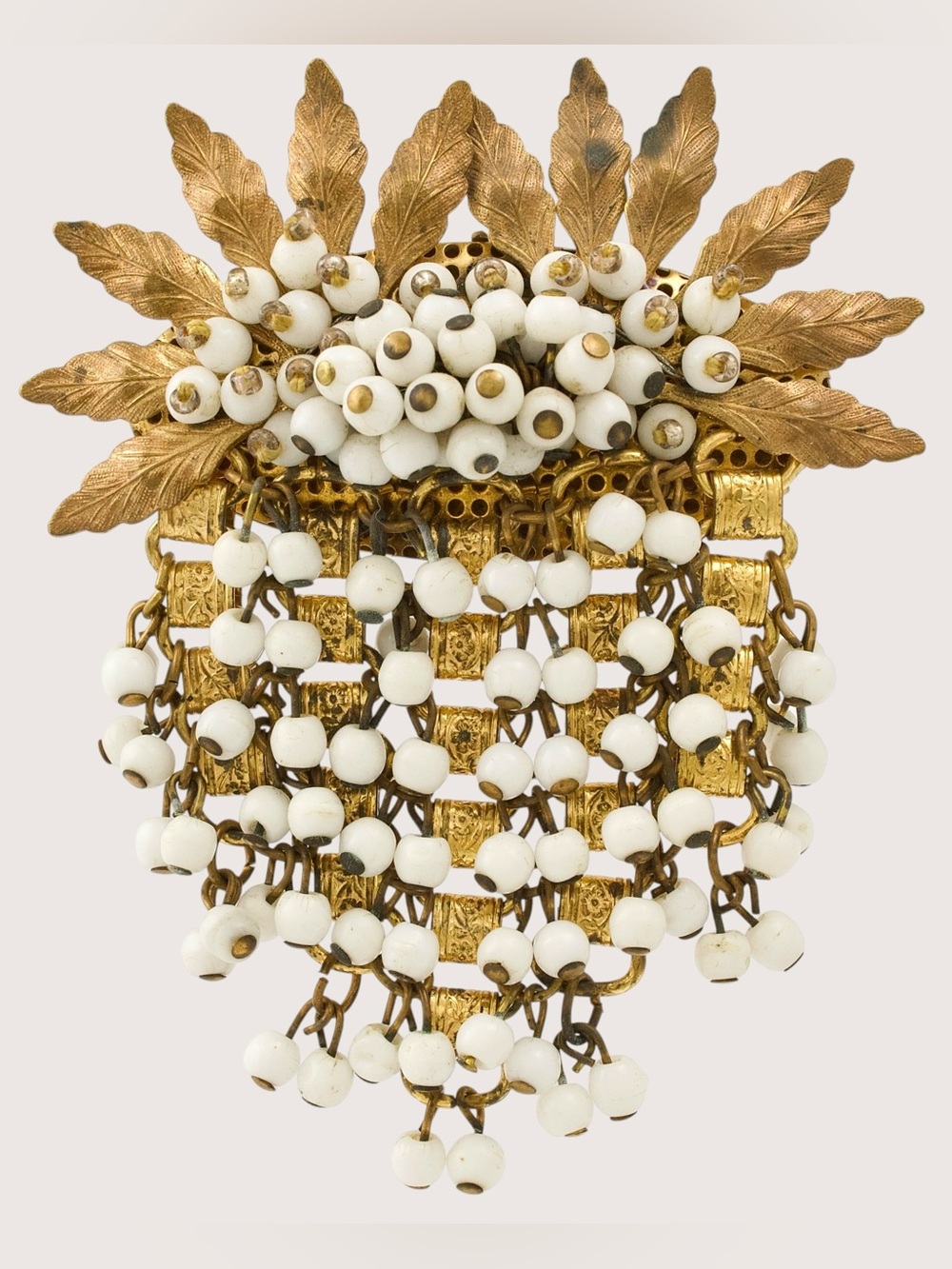 Rare Unsigned Miriam Haskell Brooch with Gilt Leaves and Milk Glass Beads WWII